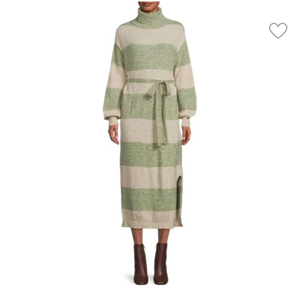 FRNCH Diana Midi Sweater Dress Women’s Small Striped Green Cream Slits Belted - Picture 1 of 11